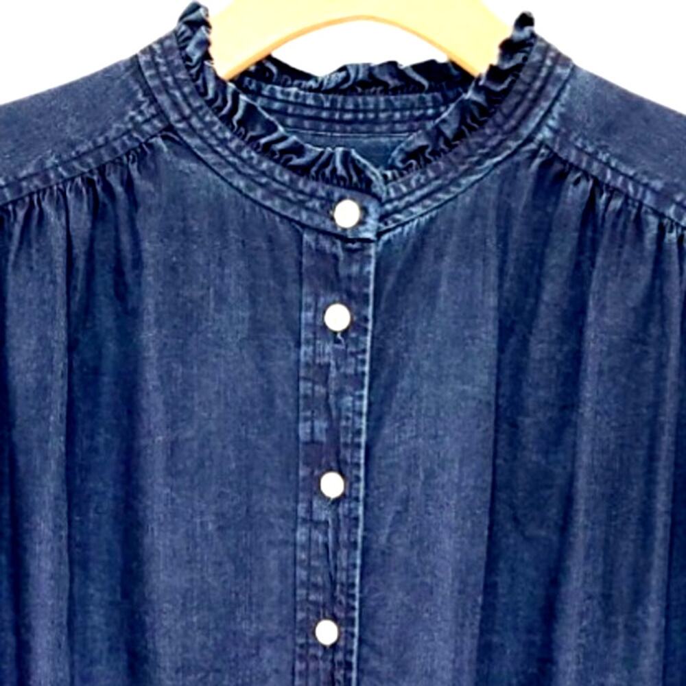 LOFT Chambray Ruffle Blouse Boho Cottagecore Relaxed Peasant Blue Top L Spring - Picture 6 of 13